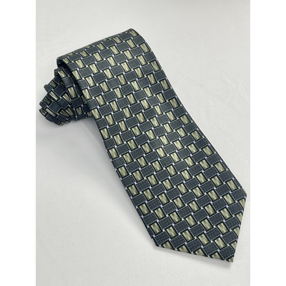 Salvatore Pellegrino Silk Tie Mens Black Green Geometric Italian Hand Made 3.75"